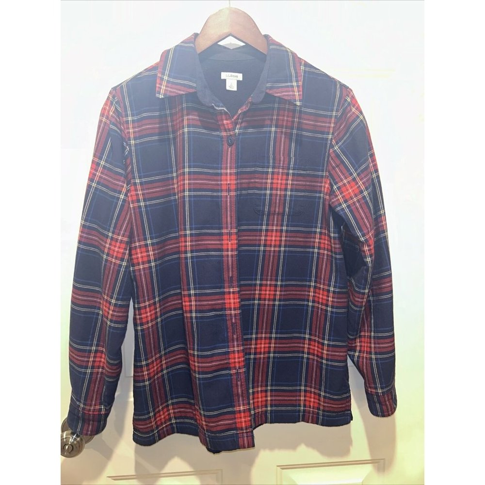 LL Bean Womens Fleece-Lined Plaid Flannel Shirt Jacket Blue Red Small Reg